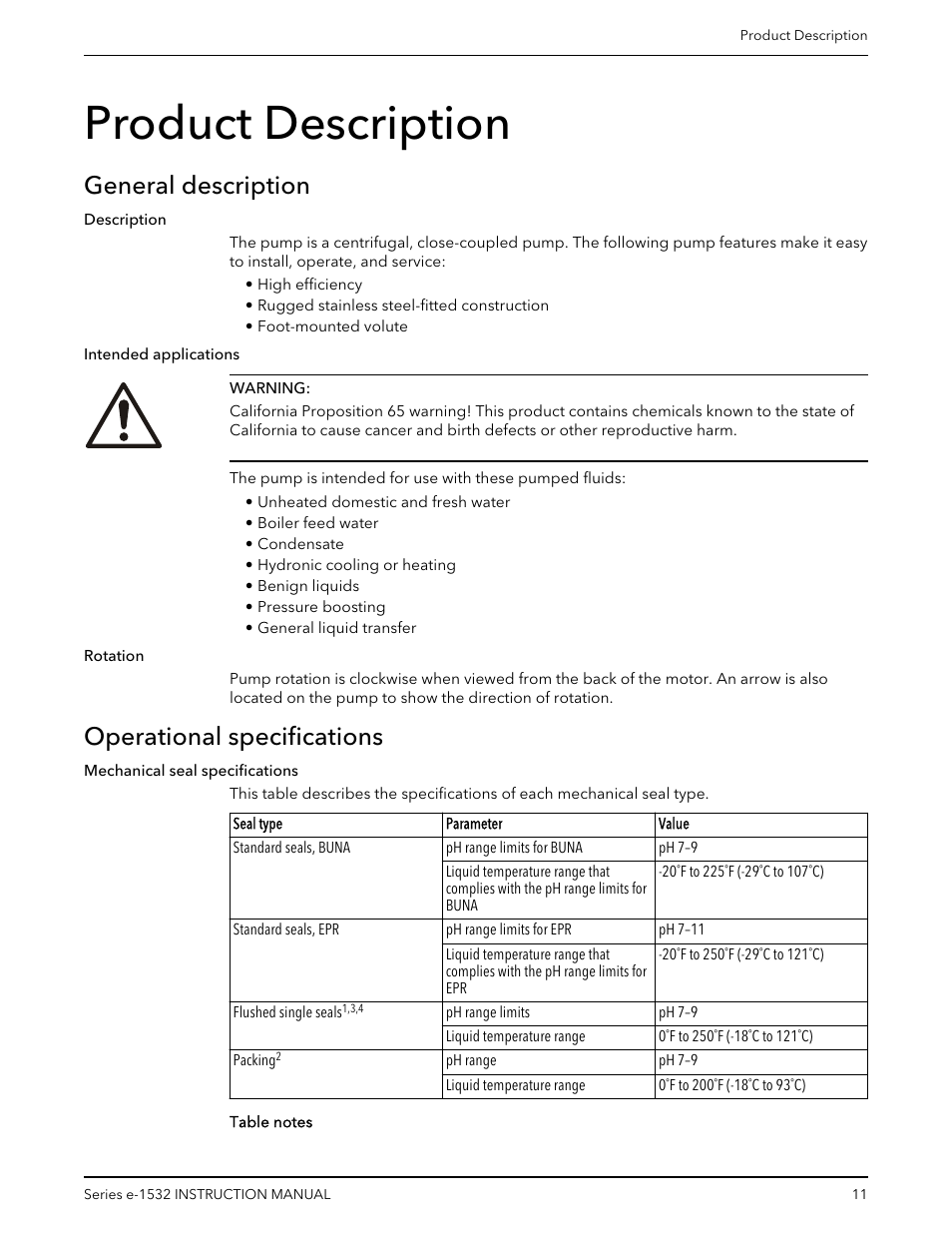 Product description, General description, Operational specifications | General description operational specifications | Bell & Gossett P2001409A Series e-1532 User Manual | Page 13 / 32