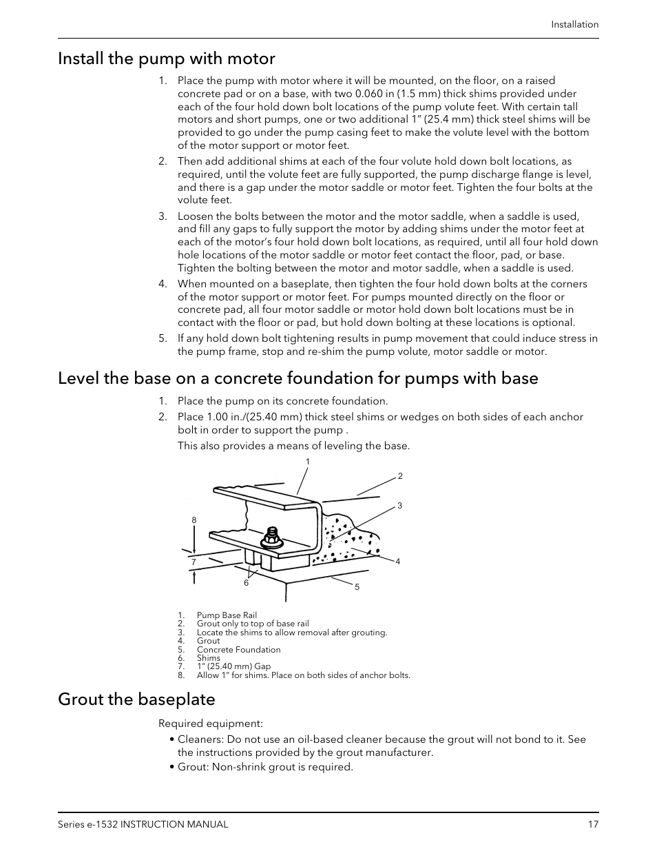 Install the pump with motor, Grout the baseplate | Bell & Gossett P2001409A Series e-1532 User Manual | Page 19 / 32