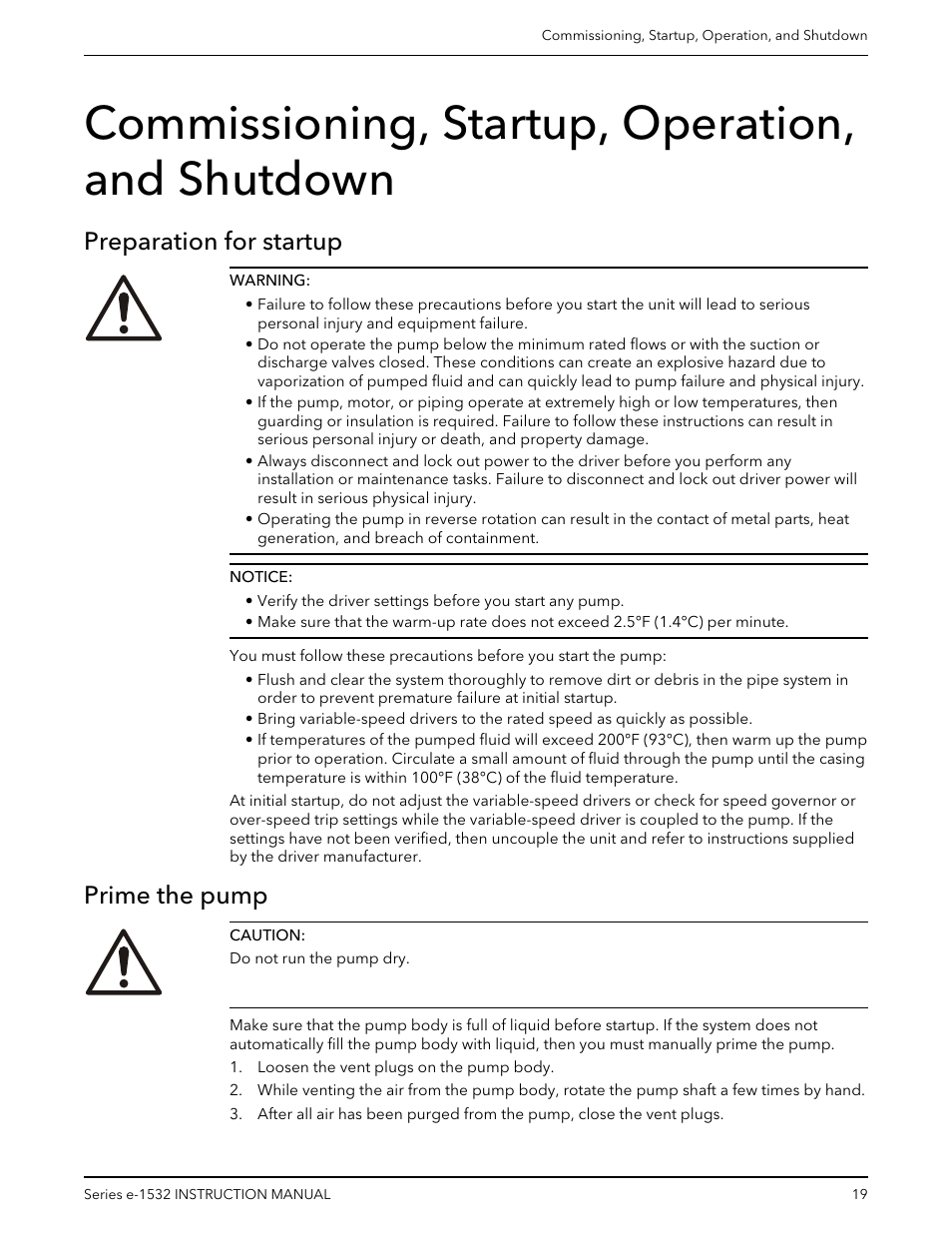 Commissioning, startup, operation, and shutdown, Preparation for startup, Prime the pump | Preparation for startup prime the pump | Bell & Gossett P2001409A Series e-1532 User Manual | Page 21 / 32