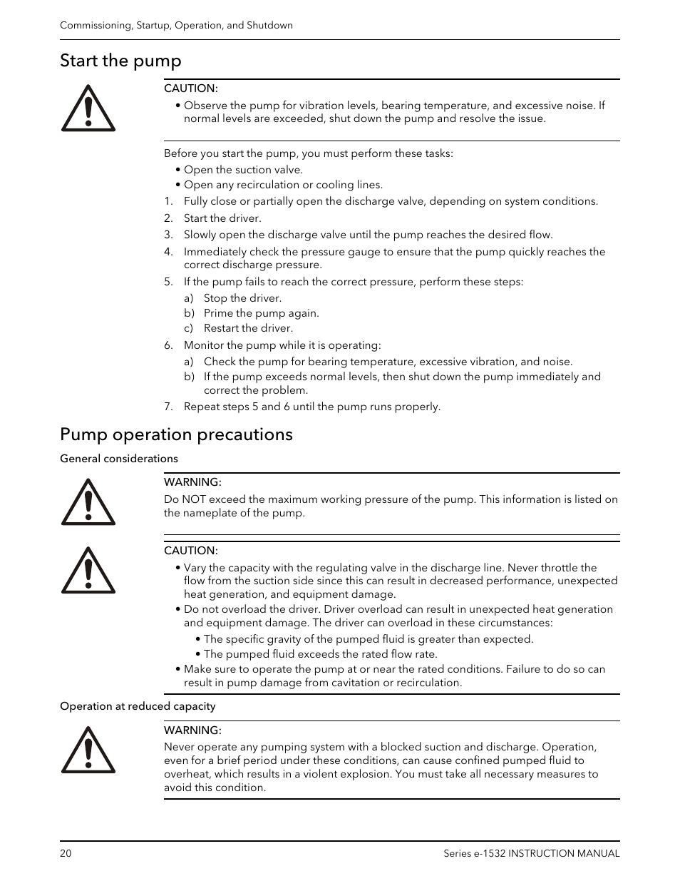 Start the pump, Pump operation precautions, Start the pump pump operation precautions | Bell & Gossett P2001409A Series e-1532 User Manual | Page 22 / 32