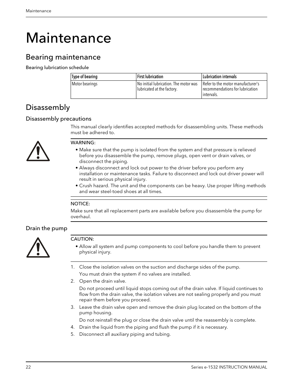 Maintenance, Bearing maintenance, Disassembly | Disassembly precautions, Drain the pump, Bearing maintenance disassembly, Disassembly precautions drain the pump | Bell & Gossett P2001409A Series e-1532 User Manual | Page 24 / 32
