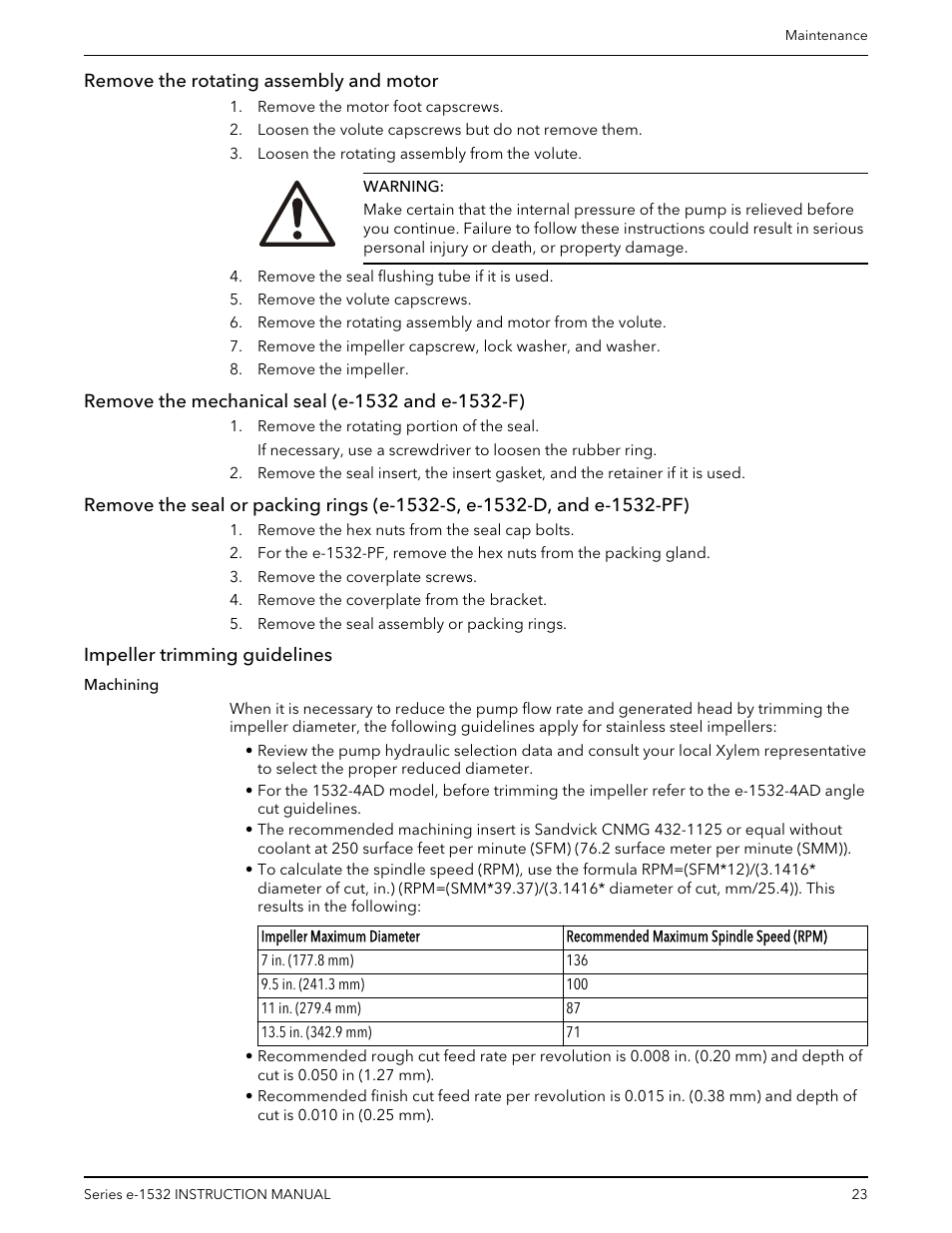 Remove the rotating assembly and motor, Remove the mechanical seal (e-1532 and e-1532-f), Impeller trimming guidelines | Bell & Gossett P2001409A Series e-1532 User Manual | Page 25 / 32