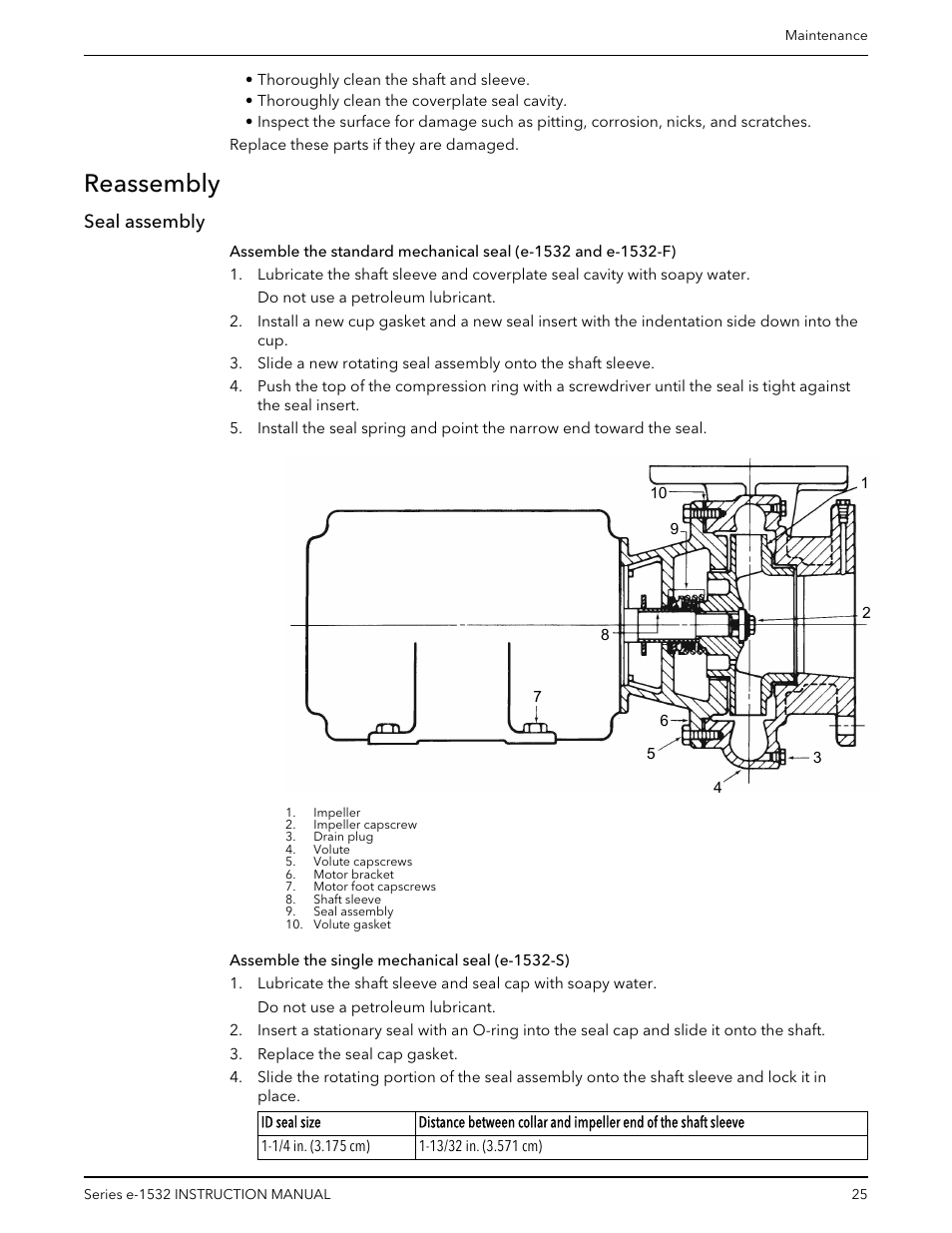 Reassembly, Seal assembly, Assemble the single mechanical seal (e-1532-s) | Bell & Gossett P2001409A Series e-1532 User Manual | Page 27 / 32