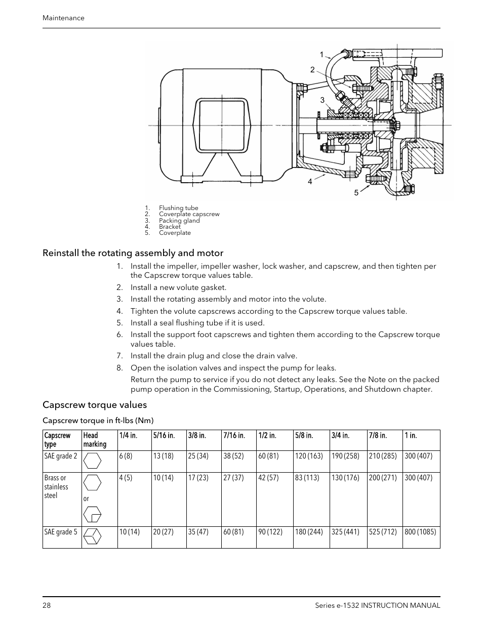 Reinstall the rotating assembly and motor, Capscrew torque values | Bell & Gossett P2001409A Series e-1532 User Manual | Page 30 / 32