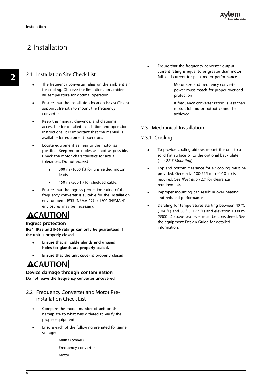2 installation, 1 installation site check list, 3 mechanical installation | 1 cooling, Caution | Bell & Gossett P2001487 Technologic Pump Controller User Manual | Page 11 / 93