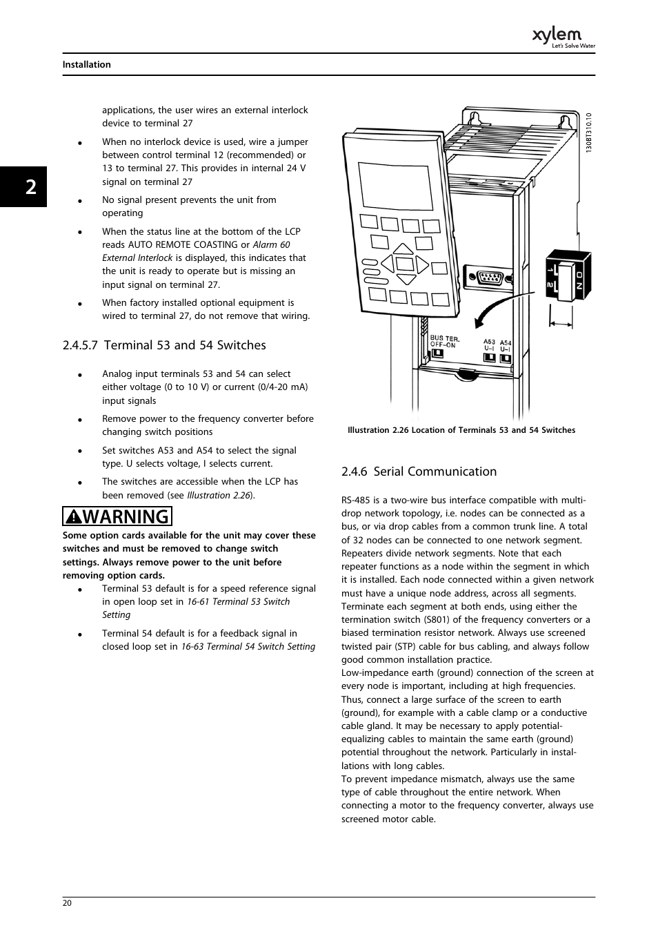 7 terminal 53 and 54 switches, 6 serial communication, Warning | Bell & Gossett P2001487 Technologic Pump Controller User Manual | Page 23 / 93