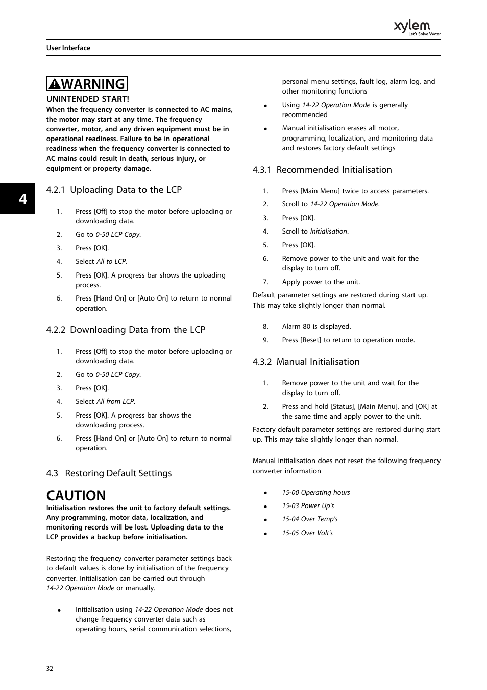 1 uploading data to the lcp, 2 downloading data from the lcp, 3 restoring default settings | 1 recommended initialisation, 2 manual initialisation, Warning, Caution | Bell & Gossett P2001487 Technologic Pump Controller User Manual | Page 35 / 93