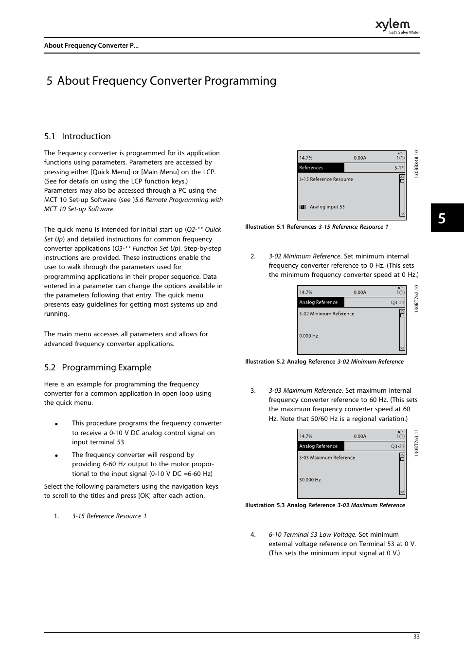 5 about frequency converter programming, 1 introduction, 2 programming example | Bell & Gossett P2001487 Technologic Pump Controller User Manual | Page 36 / 93