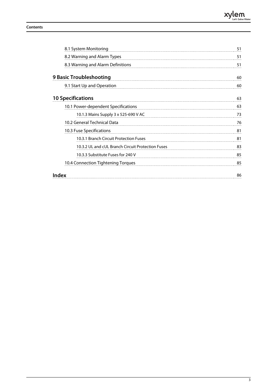 9 basic troubleshooting, 10 specifications, Index | Bell & Gossett P2001487 Technologic Pump Controller User Manual | Page 6 / 93