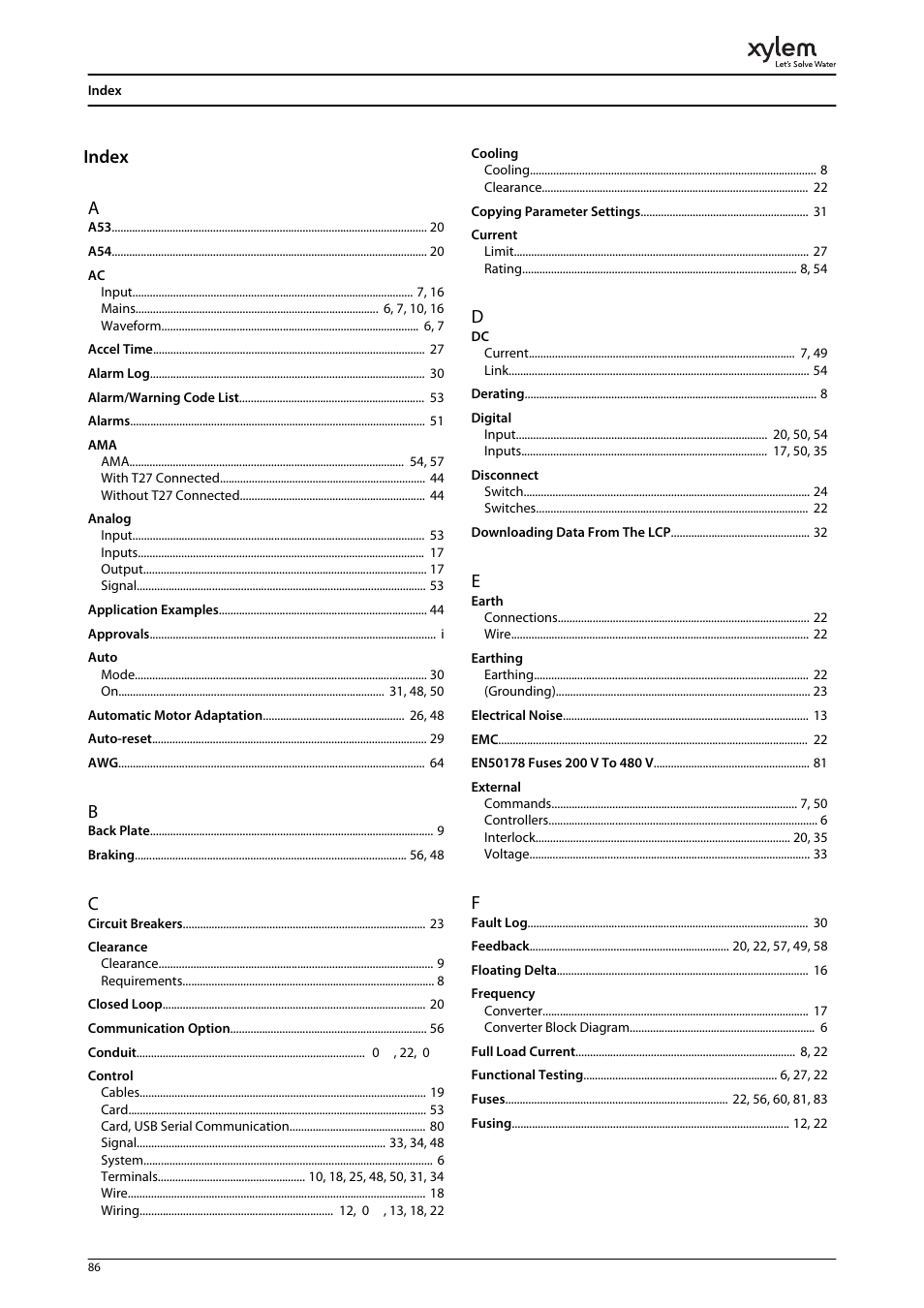 Index, Index a | Bell & Gossett P2001487 Technologic Pump Controller User Manual | Page 89 / 93