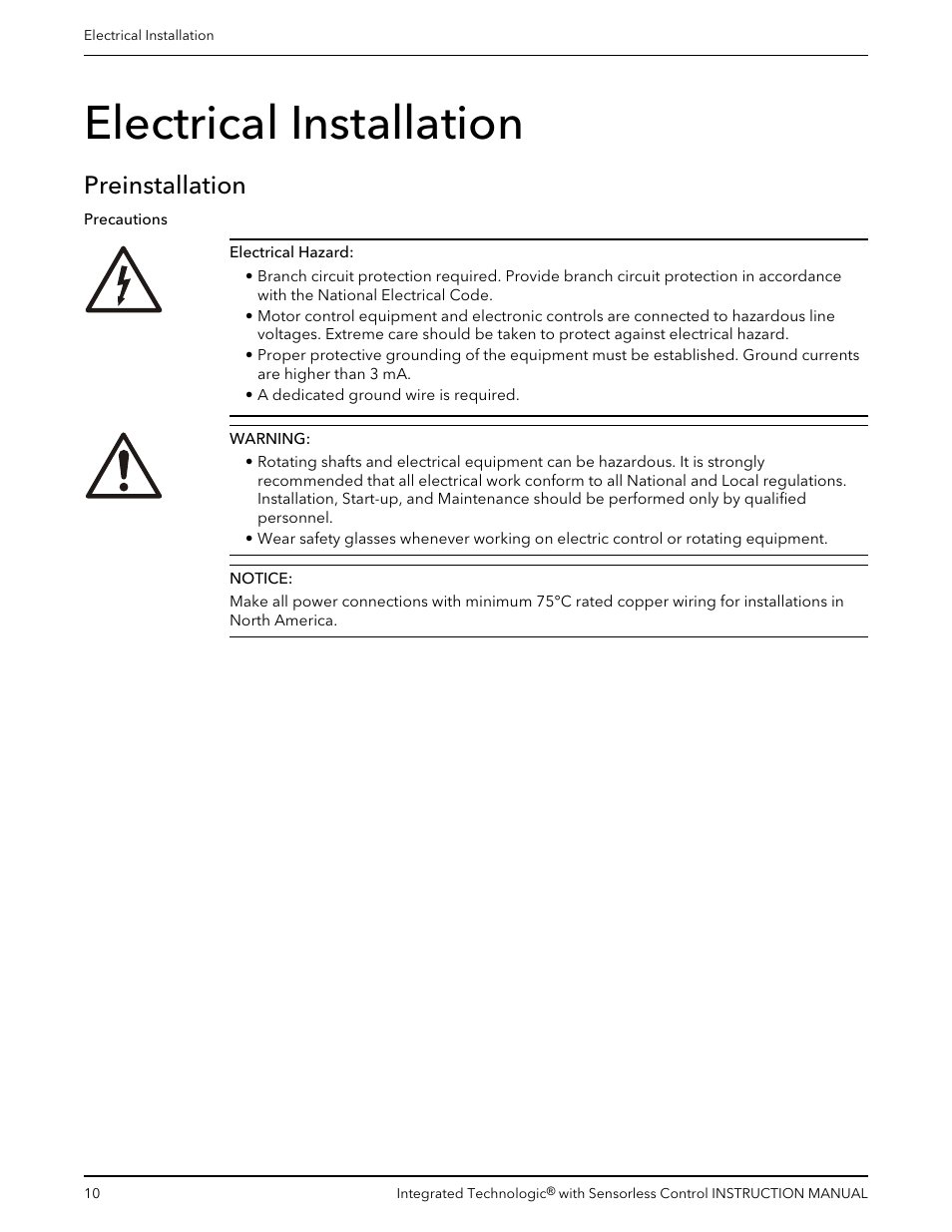 Electrical installation, Preinstallation | Bell & Gossett P2001489 Integrated Technologic with Sensorless Control User Manual | Page 12 / 56