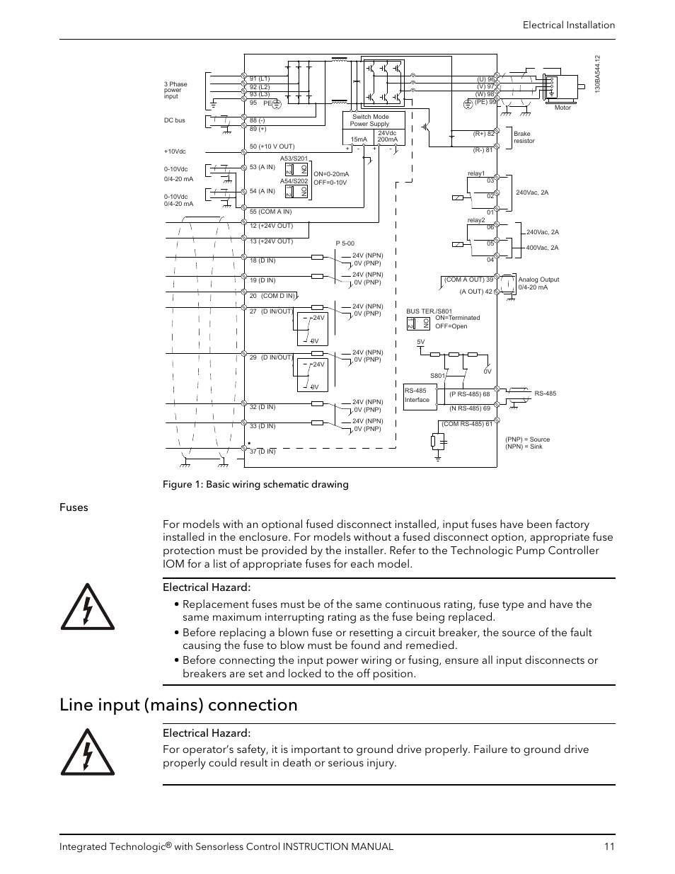 Line input (mains) connection, Figure 1: basic wiring schematic drawing, Electrical installation integrated technologic | With sensorless control instruction manual 11 | Bell & Gossett P2001489 Integrated Technologic with Sensorless Control User Manual | Page 13 / 56