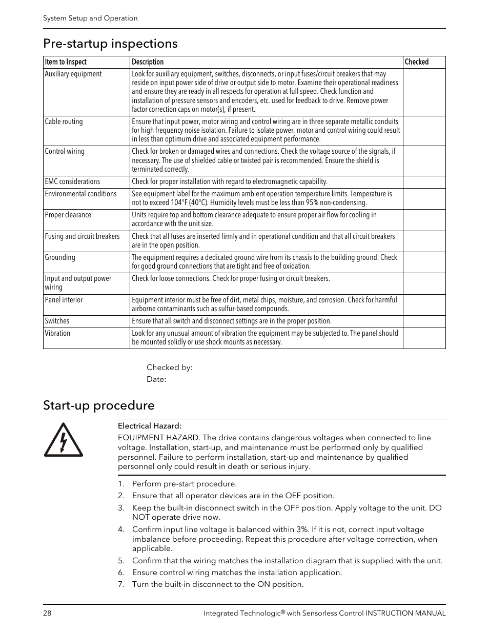 Pre-startup inspections, Start-up procedure, Pre-startup inspections start-up procedure | Bell & Gossett P2001489 Integrated Technologic with Sensorless Control User Manual | Page 30 / 56