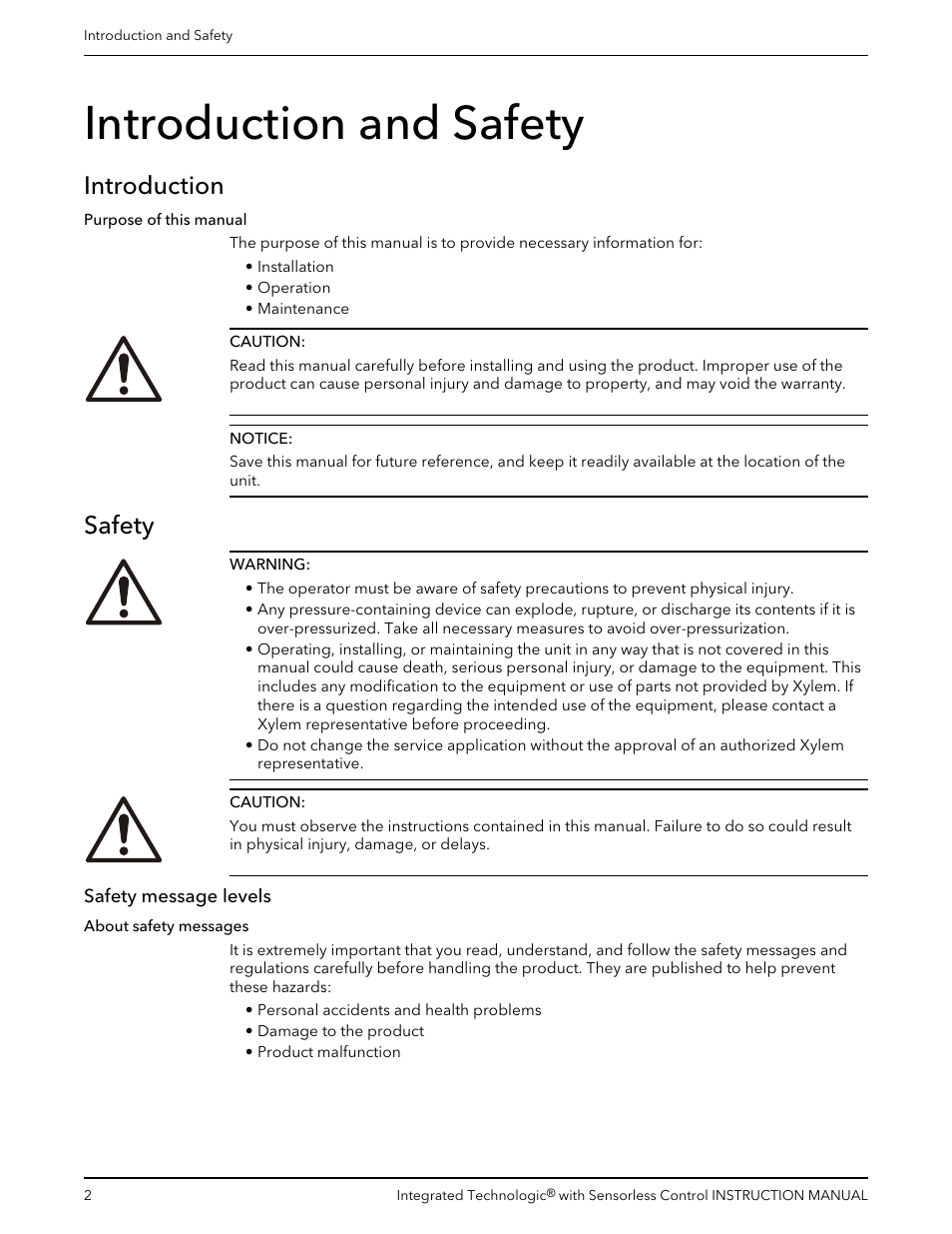 Introduction and safety, Introduction, Safety | Safety message levels, Introduction safety | Bell & Gossett P2001489 Integrated Technologic with Sensorless Control User Manual | Page 4 / 56