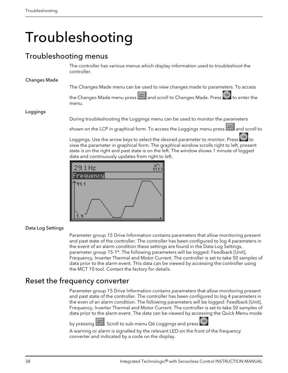 Troubleshooting, Troubleshooting menus, Reset the frequency converter | Bell & Gossett P2001489 Integrated Technologic with Sensorless Control User Manual | Page 40 / 56