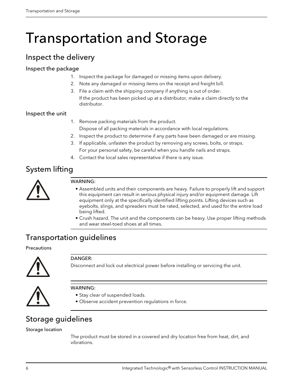 Transportation and storage, Inspect the delivery, Inspect the package | Inspect the unit, System lifting, Transportation guidelines, Storage guidelines, Inspect the package inspect the unit | Bell & Gossett P2001489 Integrated Technologic with Sensorless Control User Manual | Page 8 / 56