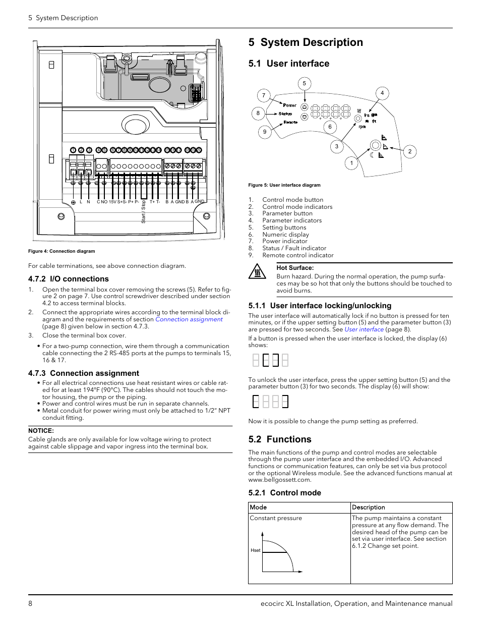 2 i/o connections, 3 connection assignment, 5 system description | 1 user interface, 1 user interface locking/unlocking, 2 functions, 1 control mode, 2 i/o connections 4.7.3 connection assignment | Bell & Gossett P2002548B ecocirc XL High Efficiency Large Wet Rotor Pumps User Manual | Page 10 / 16