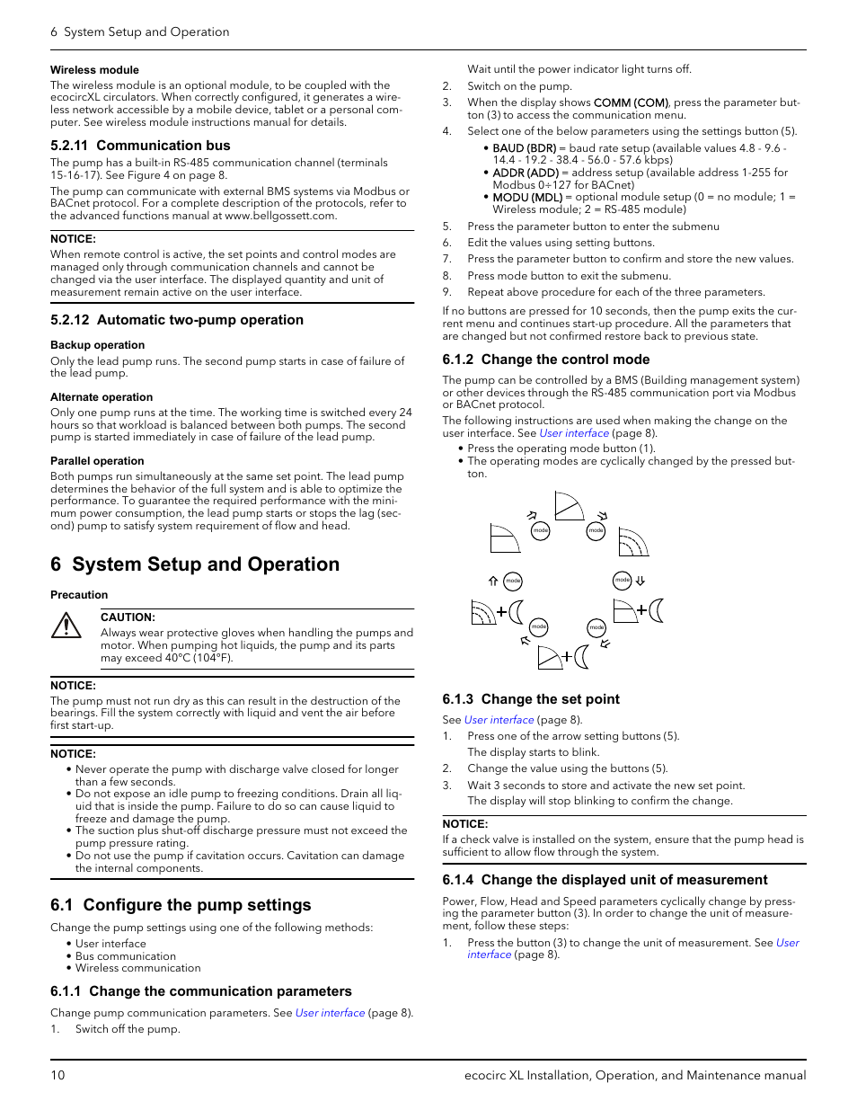 11 communication bus, 12 automatic two-pump operation, 6 system setup and operation | 1 configure the pump settings, 1 change the communication parameters, 2 change the control mode, 3 change the set point, 4 change the displayed unit of measurement | Bell & Gossett P2002548B ecocirc XL High Efficiency Large Wet Rotor Pumps User Manual | Page 12 / 16