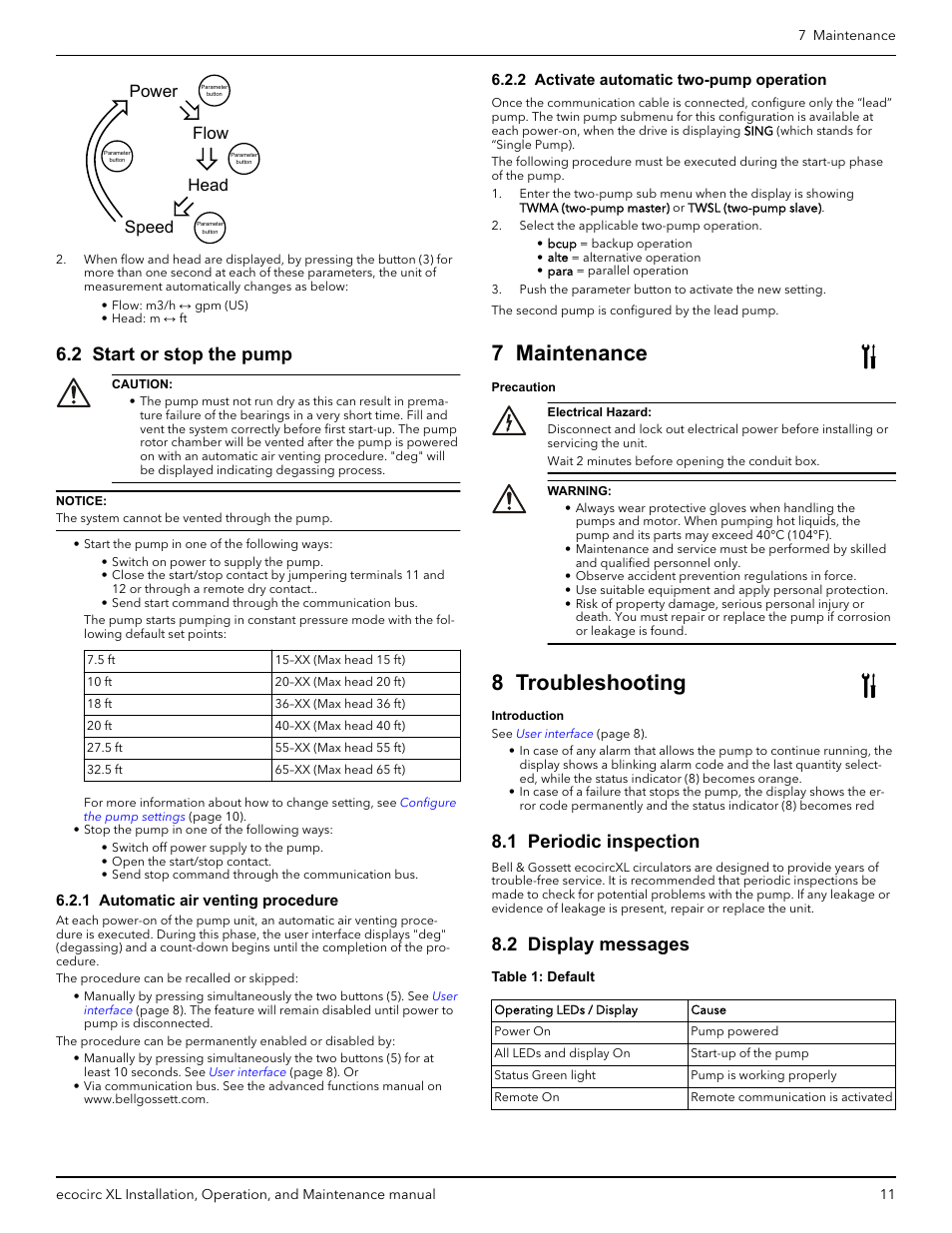 2 start or stop the pump, 1 automatic air venting procedure, 2 activate automatic two-pump operation | 7 maintenance, 8 troubleshooting, 1 periodic inspection, 2 display messages, 1 periodic inspection 8.2 display messages, Power speed head flow | Bell & Gossett P2002548B ecocirc XL High Efficiency Large Wet Rotor Pumps User Manual | Page 13 / 16