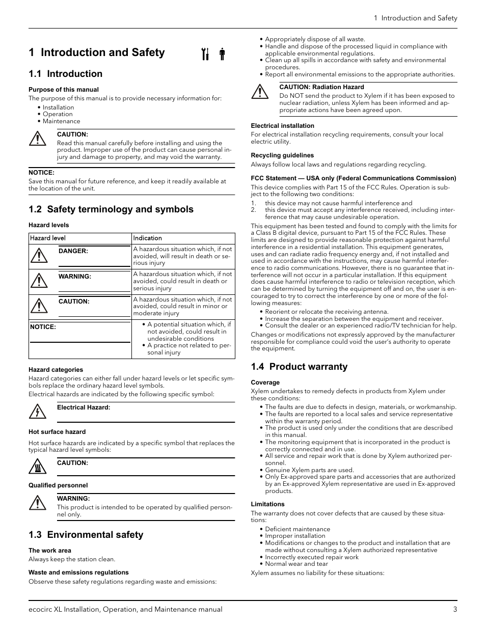 1 introduction and safety, 1 introduction, 2 safety terminology and symbols | 3 environmental safety, 4 product warranty | Bell & Gossett P2002548B ecocirc XL High Efficiency Large Wet Rotor Pumps User Manual | Page 5 / 16