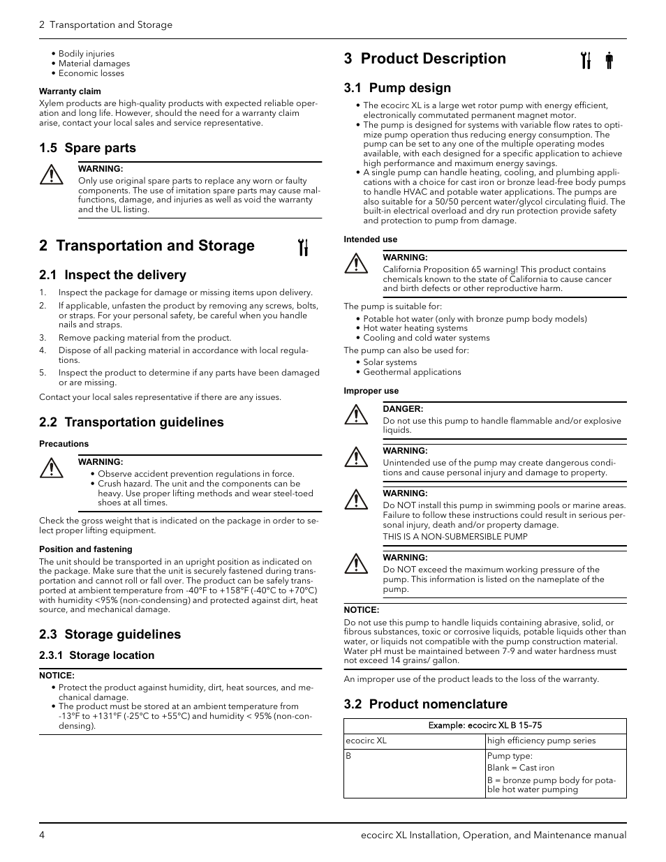 5 spare parts, 2 transportation and storage, 1 inspect the delivery | 2 transportation guidelines, 3 storage guidelines, 1 storage location, 3 product description, 1 pump design, 2 product nomenclature, 1 pump design 3.2 product nomenclature | Bell & Gossett P2002548B ecocirc XL High Efficiency Large Wet Rotor Pumps User Manual | Page 6 / 16