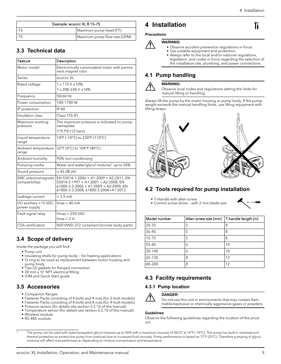 3 technical data, 4 scope of delivery, 5 accessories | 4 installation, 1 pump handling, 2 tools required for pump installation, 3 facility requirements, 1 pump location | Bell & Gossett P2002548B ecocirc XL High Efficiency Large Wet Rotor Pumps User Manual | Page 7 / 16