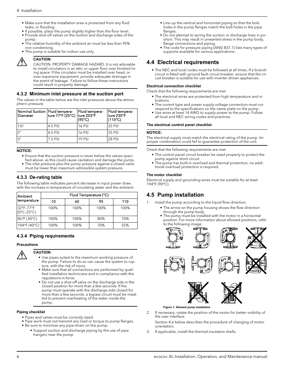 2 minimum inlet pressure at the suction port, 3 de-rating table, 4 piping requirements | 4 electrical requirements, 5 pump installation, 4 electrical requirements 4.5 pump installation | Bell & Gossett P2002548B ecocirc XL High Efficiency Large Wet Rotor Pumps User Manual | Page 8 / 16