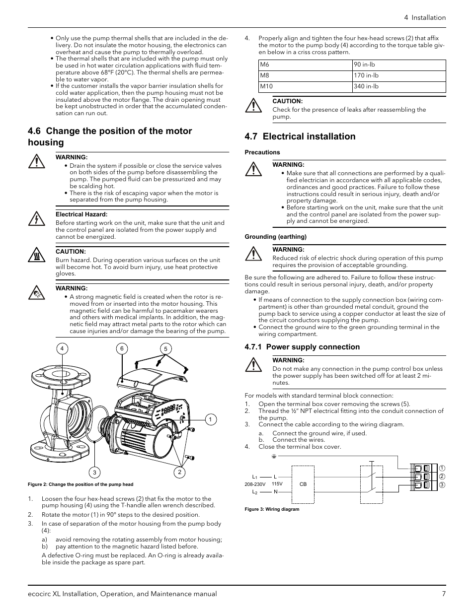 6 change the position of the motor housing, 7 electrical installation, 1 power supply connection | Bell & Gossett P2002548B ecocirc XL High Efficiency Large Wet Rotor Pumps User Manual | Page 9 / 16