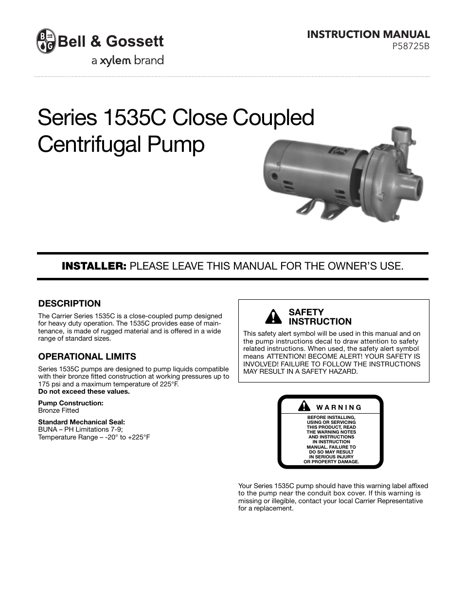 Bell & Gossett P58725B Series 1535C Close Coupled Centrifugal Pump User Manual | 6 pages