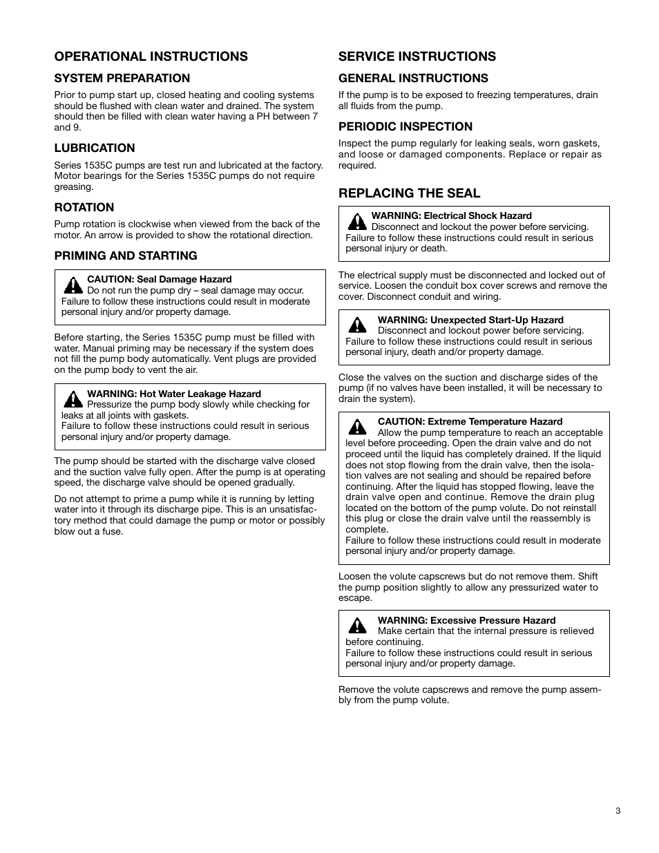 Operational instructions, Service instructions, Replacing the seal | Bell & Gossett P58725B Series 1535C Close Coupled Centrifugal Pump User Manual | Page 3 / 6