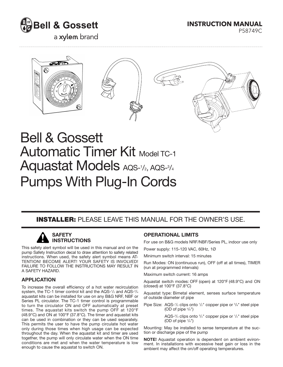 Bell & Gossett P58749C AQS-3/4 Aquastat User Manual | 4 pages