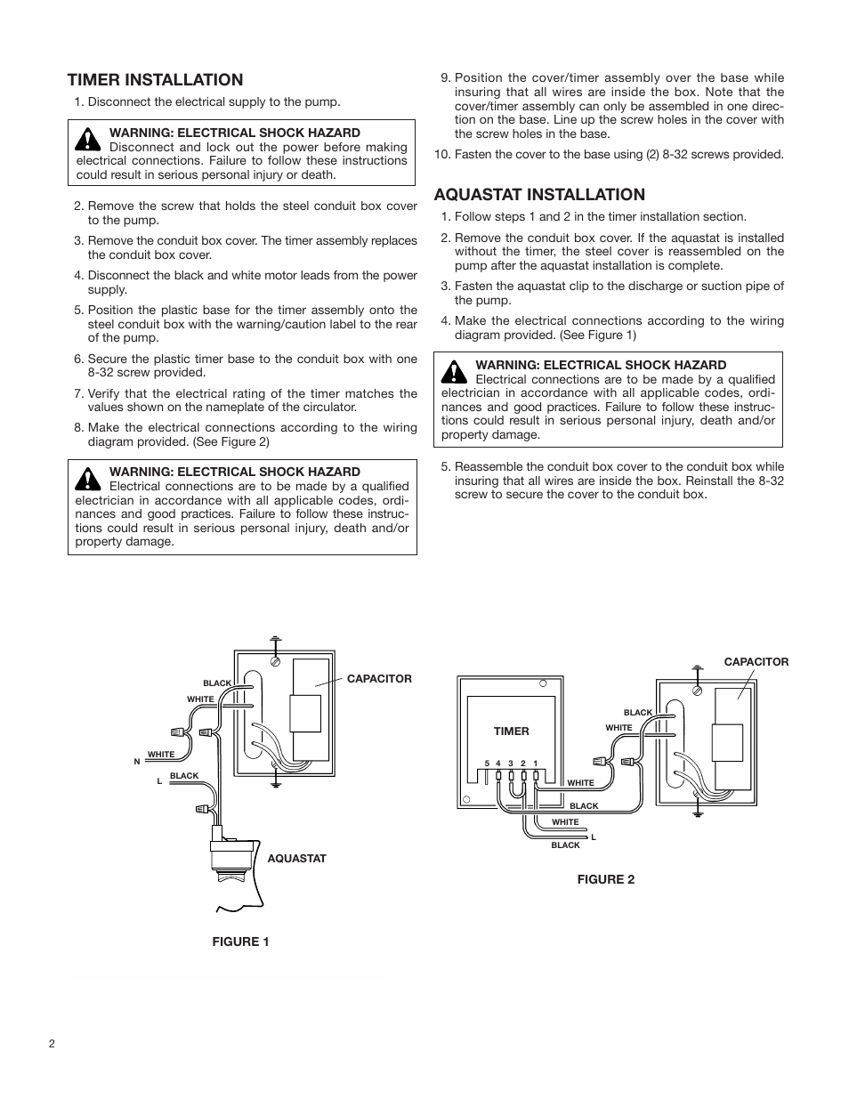 Timer installation, Aquastat installation | Bell & Gossett P58749C AQS-3/4 Aquastat User Manual | Page 2 / 4