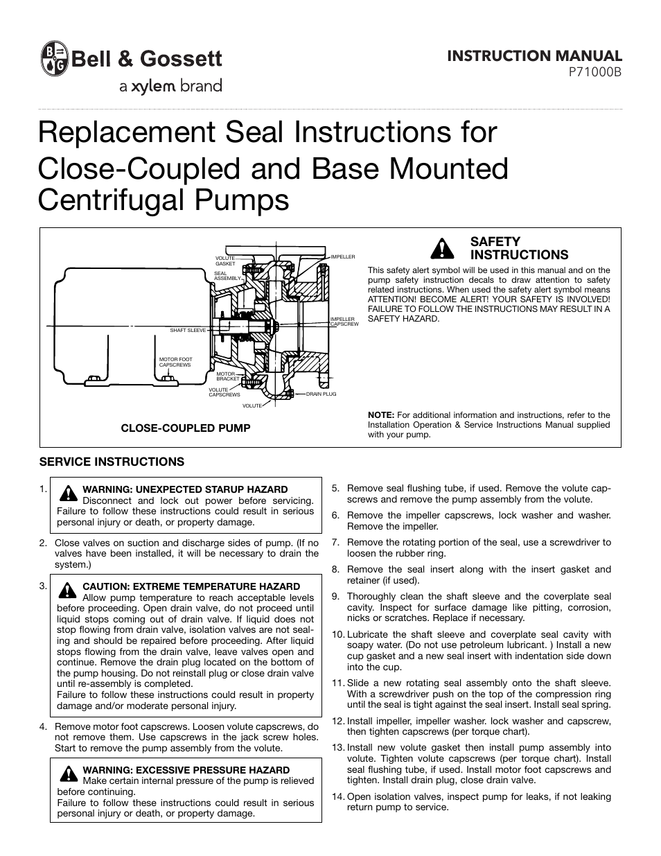 Bell & Gossett P71000B Close-Coupled and Base Mounted Centrifugal Pumps User Manual | 2 pages