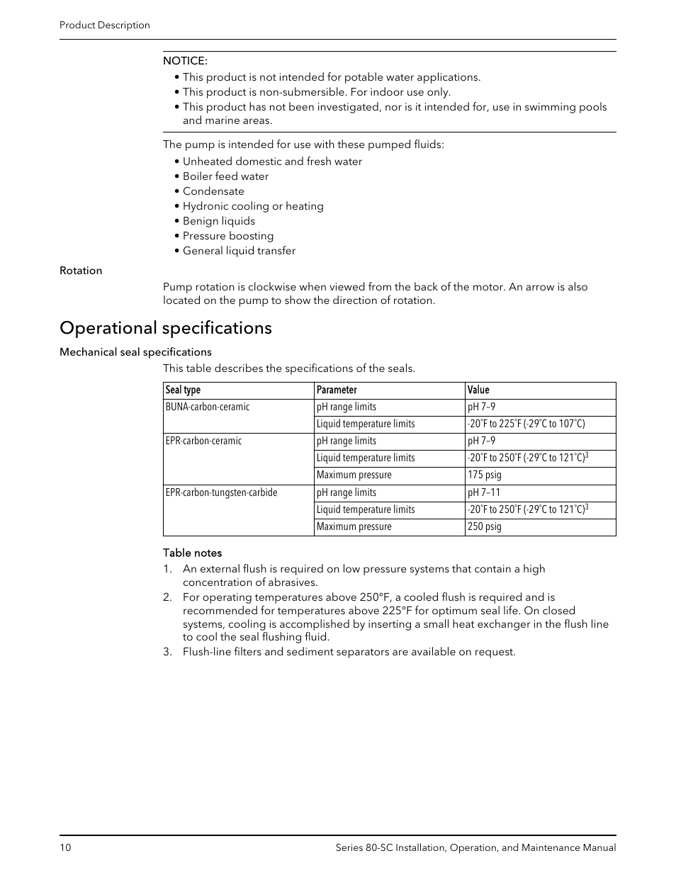 Operational specifications | Bell & Gossett P71396C Series 80-SC Spacer-Coupled Vertical In-Line Centrifugal Pump User Manual | Page 12 / 28