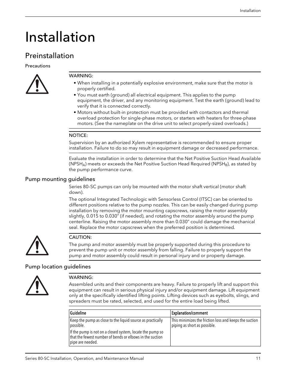 Installation, Preinstallation, Pump mounting guidelines | Pump location guidelines, Pump mounting guidelines pump location guidelines | Bell & Gossett P71396C Series 80-SC Spacer-Coupled Vertical In-Line Centrifugal Pump User Manual | Page 13 / 28