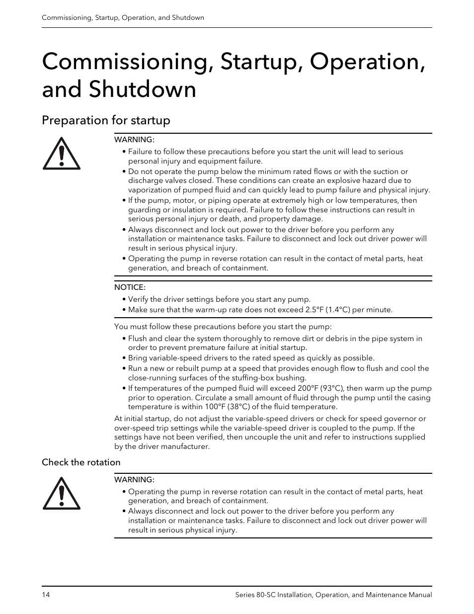 Commissioning, startup, operation, and shutdown, Preparation for startup, Check the rotation | Bell & Gossett P71396C Series 80-SC Spacer-Coupled Vertical In-Line Centrifugal Pump User Manual | Page 16 / 28