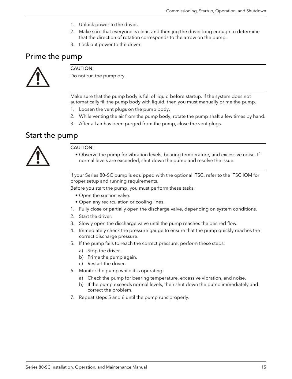 Prime the pump, Start the pump, Prime the pump start the pump | Bell & Gossett P71396C Series 80-SC Spacer-Coupled Vertical In-Line Centrifugal Pump User Manual | Page 17 / 28