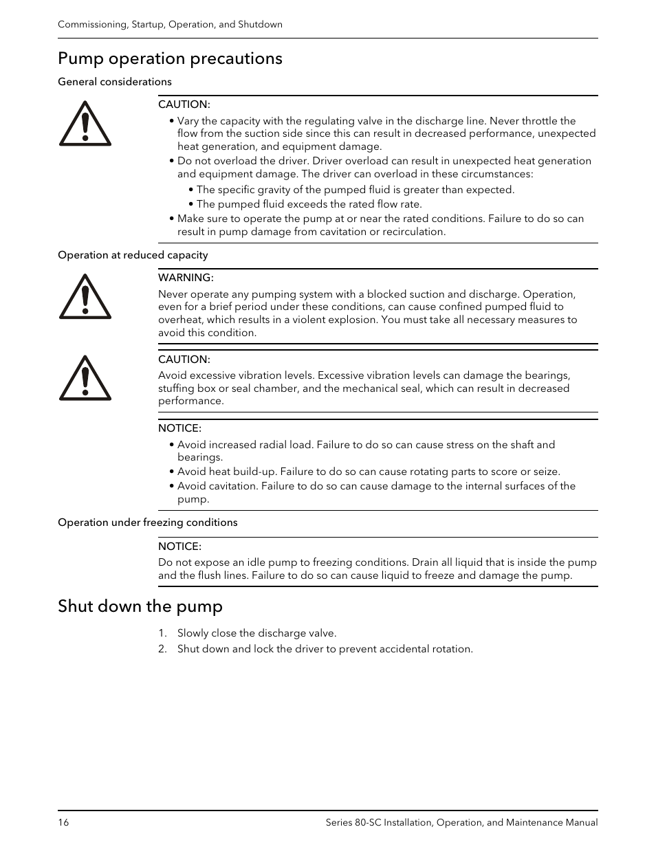 Pump operation precautions, Shut down the pump, Pump operation precautions shut down the pump | Bell & Gossett P71396C Series 80-SC Spacer-Coupled Vertical In-Line Centrifugal Pump User Manual | Page 18 / 28