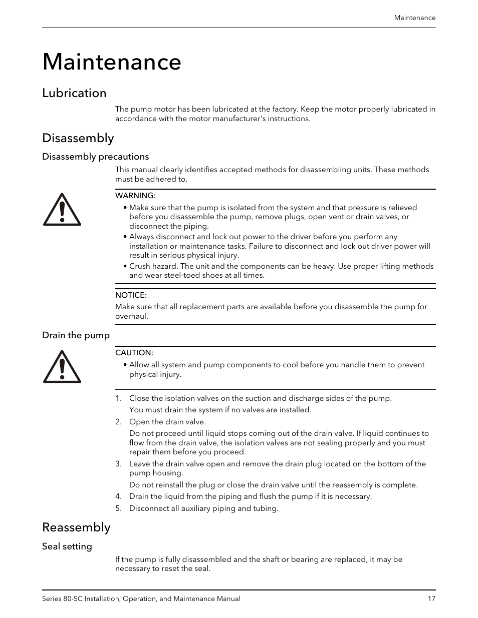 Maintenance, Lubrication, Disassembly | Disassembly precautions, Drain the pump, Reassembly, Seal setting, Lubrication disassembly, Disassembly precautions drain the pump | Bell & Gossett P71396C Series 80-SC Spacer-Coupled Vertical In-Line Centrifugal Pump User Manual | Page 19 / 28