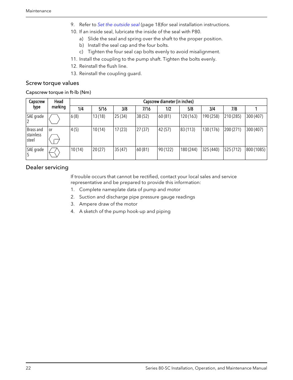 Screw torque values, Dealer servicing, Screw torque values dealer servicing | Bell & Gossett P71396C Series 80-SC Spacer-Coupled Vertical In-Line Centrifugal Pump User Manual | Page 24 / 28