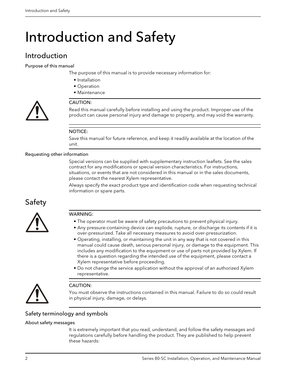 Introduction and safety, Introduction, Safety | Safety terminology and symbols, Introduction safety | Bell & Gossett P71396C Series 80-SC Spacer-Coupled Vertical In-Line Centrifugal Pump User Manual | Page 4 / 28