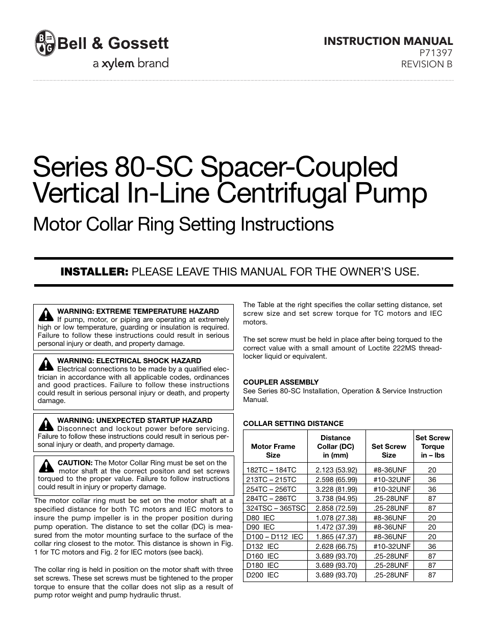 Bell & Gossett P71397B Series 80-SC Spacer-Coupled Vertical In-Line Centrifugal Pump Motor Collar Ring User Manual | 2 pages