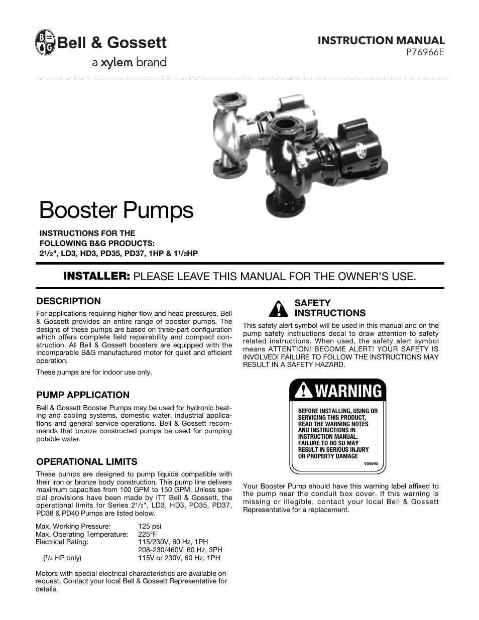 Bell & Gossett P76966E Booster Pumps 11/2HP User Manual | 6 pages