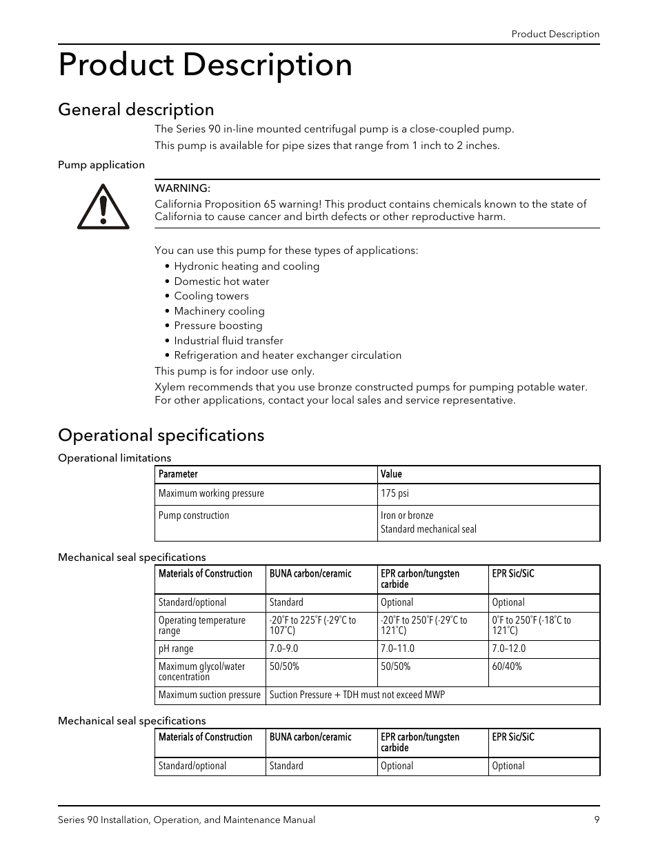 Product description, General description, Operational specifications | General description operational specifications | Xylem P81547D Series 90 In-Line Centrifugal Pump User Manual | Page 10 / 25