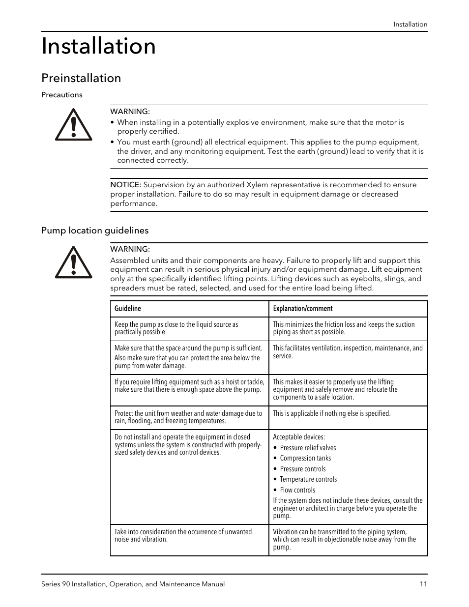 Installation, Preinstallation, Pump location guidelines | Xylem P81547D Series 90 In-Line Centrifugal Pump User Manual | Page 12 / 25