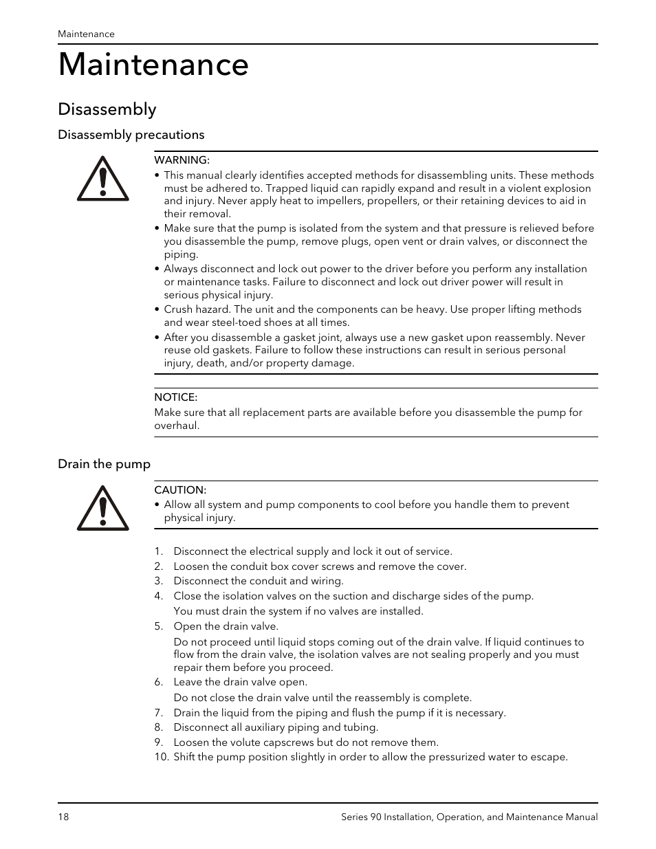 Maintenance, Disassembly, Disassembly precautions | Drain the pump, Disassembly precautions drain the pump | Xylem P81547D Series 90 In-Line Centrifugal Pump User Manual | Page 19 / 25