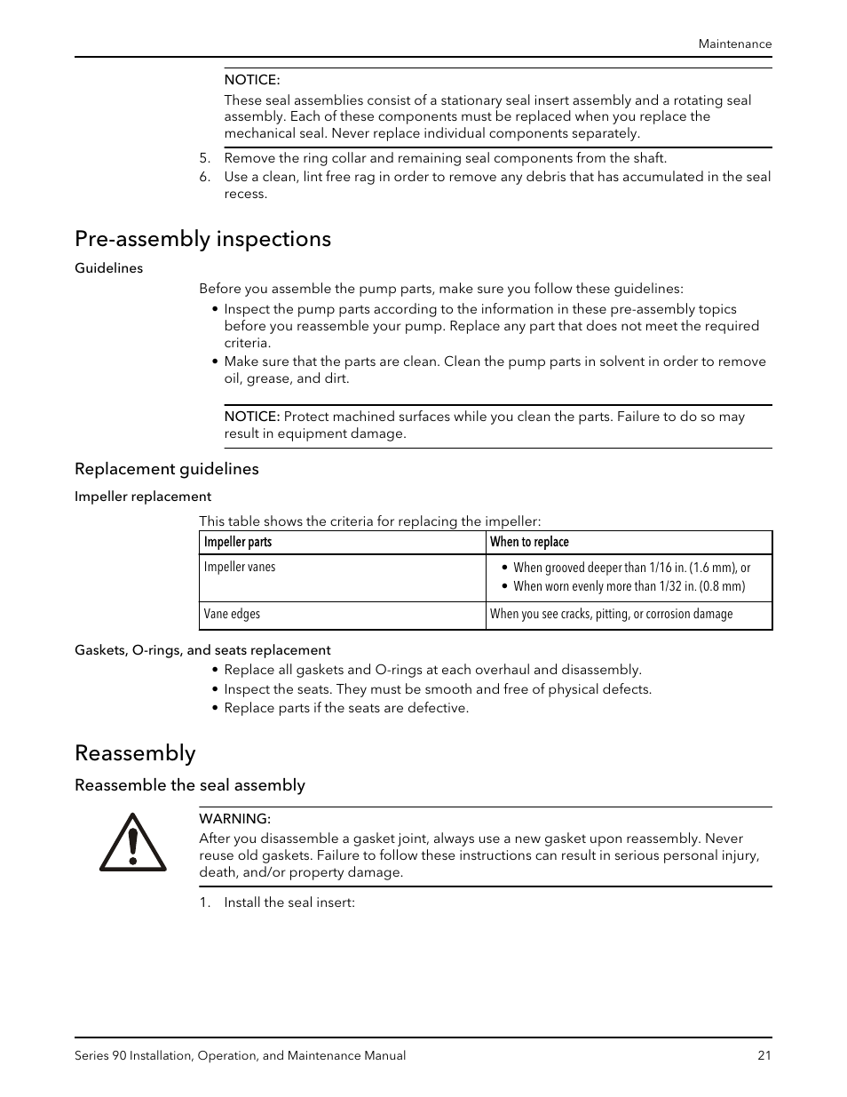 Pre-assembly inspections, Replacement guidelines, Reassembly | Reassemble the seal assembly | Xylem P81547D Series 90 In-Line Centrifugal Pump User Manual | Page 22 / 25
