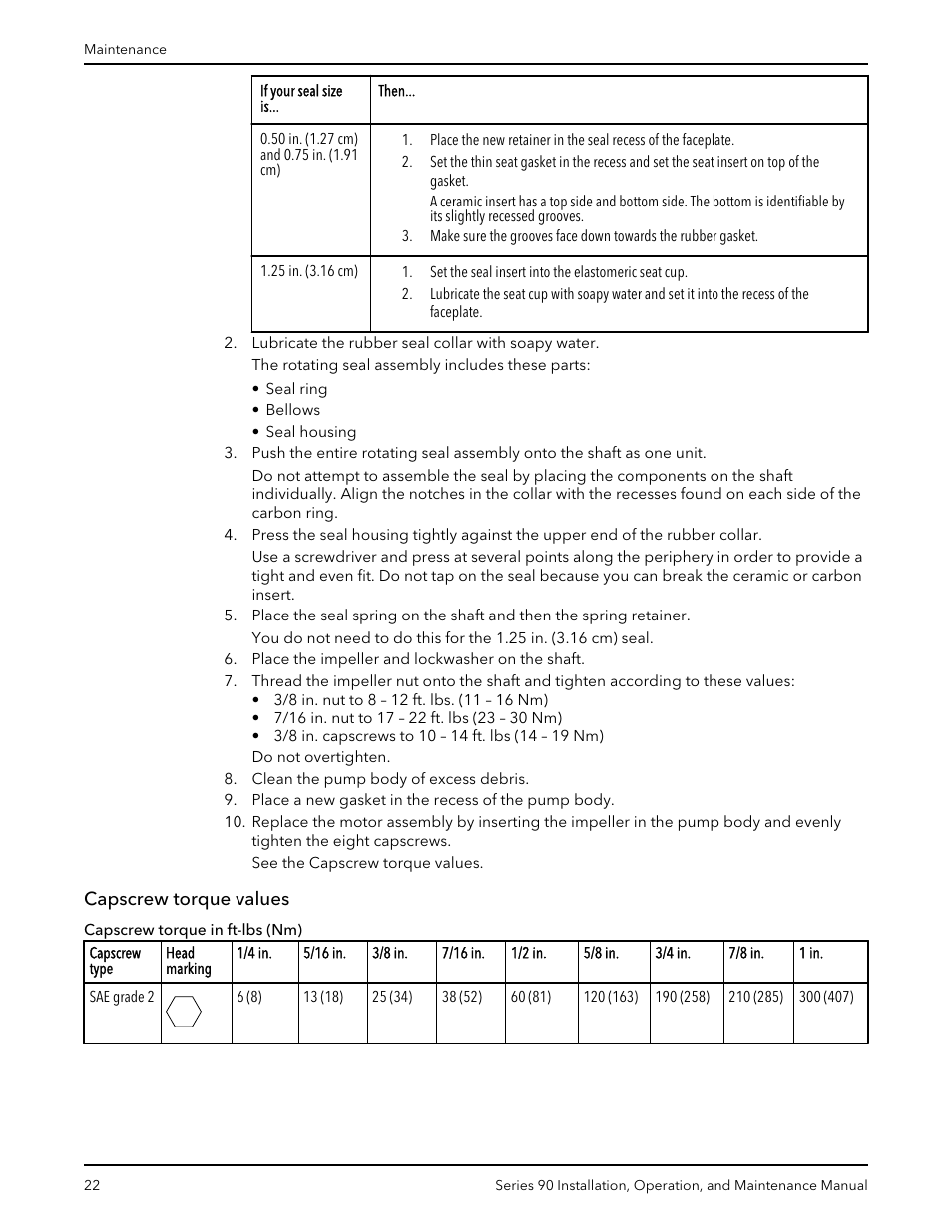 Capscrew torque values | Xylem P81547D Series 90 In-Line Centrifugal Pump User Manual | Page 23 / 25
