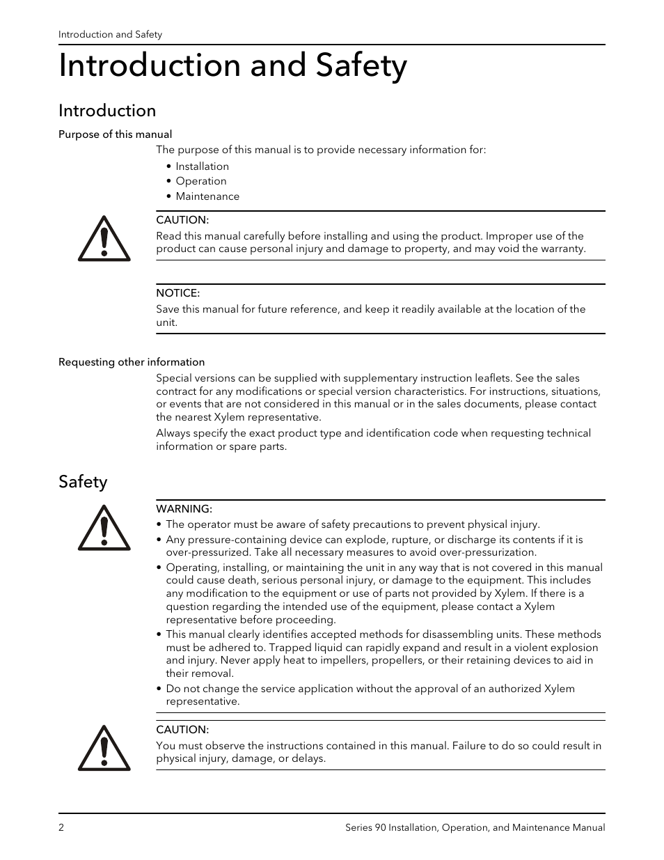 Introduction and safety, Introduction, Safety | Requesting other information | Xylem P81547D Series 90 In-Line Centrifugal Pump User Manual | Page 3 / 25
