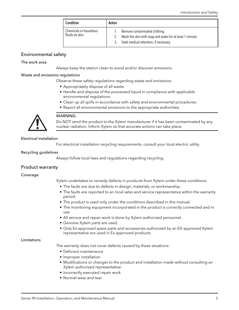 Environmental safety, Product warranty, Environmental safety product warranty | Xylem P81547D Series 90 In-Line Centrifugal Pump User Manual | Page 6 / 25
